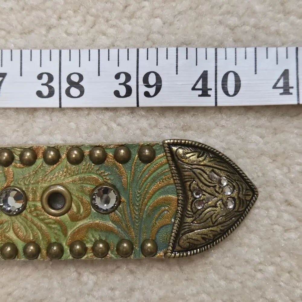 Vintage Leatherock Women's S32 Western Tooled Leather Rhinestone Studded Belt